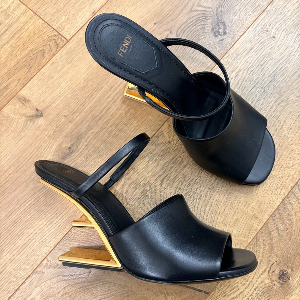 FENDI First sandals with open F frame gold metal heels - Size 38 / US 8 - Picture 2 of 10